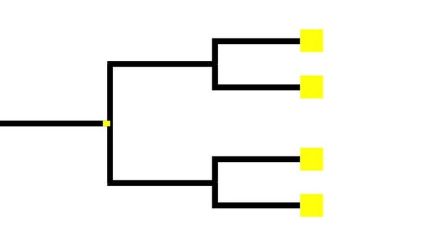 Branching data tree hierarchy diagram with moving yellow blocks on a white background. Excellent for organizational charts, networks, and algorithms.