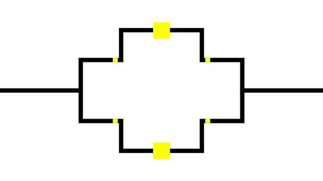 Circuit board flow diagram with moving yellow data nodes on a white background. Ideal for showcasing digital networks, tech routing, or algorithms.