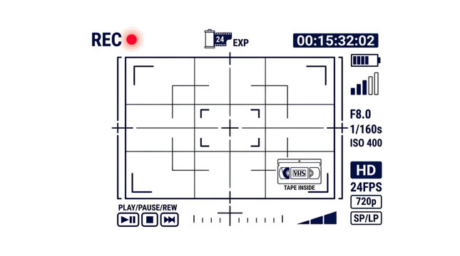 Camera Viewfinder Screen Interface, REC Indicator, Timer, Battery, VHS Tape