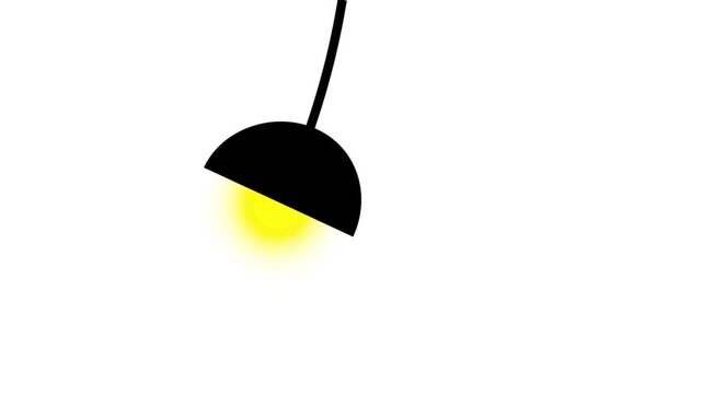 Swinging black hanging lamp turning on and off with a yellow glow on a clean white background. Great for creativity and eureka moment concepts.