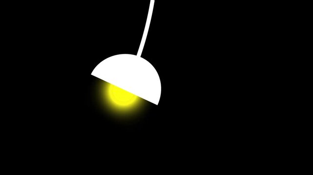 Swinging hanging lamp turning on and off against a solid black background. Minimalist 2D animation symbolizing brainstorming or sudden inspiration.