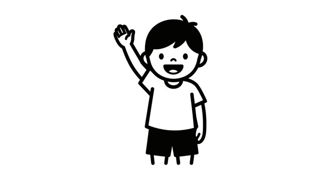 Minimalist black and white vector illustration of a happy young boy waving his hand, symbolizing friendliness, greeting, or childhood joy.