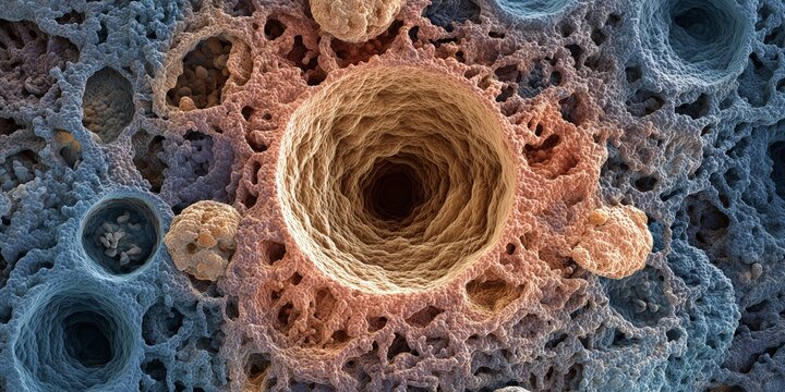 Abstract scientific background showing intricate cellular textures and deep pores in vibrant blue, pink, and orange hues.