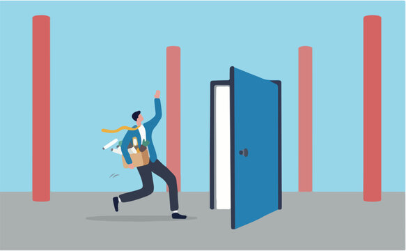 Quit job leaving company for new career, saying good bye old workplace office, exit, escape fired, work departure, offboarding separation, businessman saying bye while in to quitting job exit door