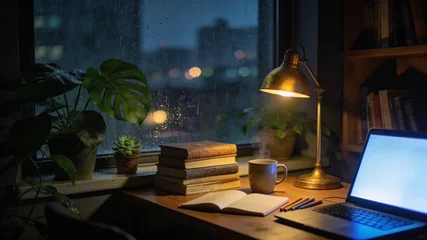 Cozy Night Study Room Rain Window Lofi Atmosphere Warm Light Desk © picksell