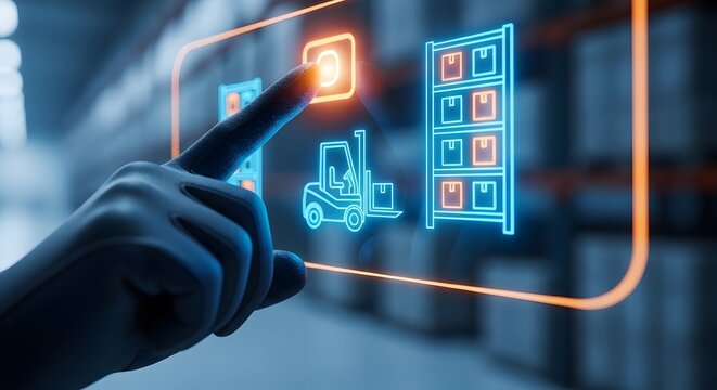 Hand touching digital holographic interface of smart warehouse management system with forklift and shelving icons