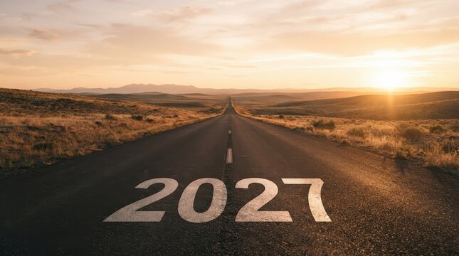 2027 Future Goals Concept Road Ahead at Sunset for Strategic Planning and New Year Business Vision