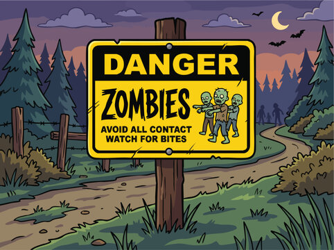 A flat design vector illustration of a yellow hazard warning sign featuring a stylized, generic silhouette of a walking undead creature, representing danger or a fictional hazard concept.