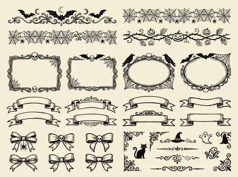 A set of vintage-style Halloween decorative elements including stylized pumpkins, silhouettes of bats, witches, and ornate Victorian-inspired frames isolated on a white background.