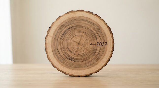 Tree Ring Cross Section Marked 2027 Representing Future Planning and Long Term Growth Strategy Concept
