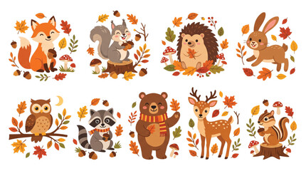 Naklejka premium Cute forest animals vector illustrations in autumn wreaths with fox bear deer owl and squirrel