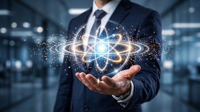 Professional businessman in a dark formal suit holding a bright glowing digital atom structure floating above his open palm inside a modern bright