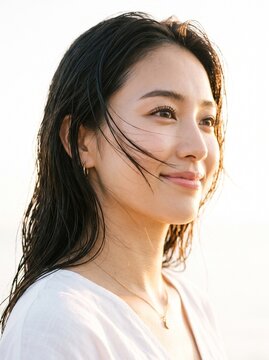 夏の夕日を浴びながら微笑む濡れ髪の若い日本人女性