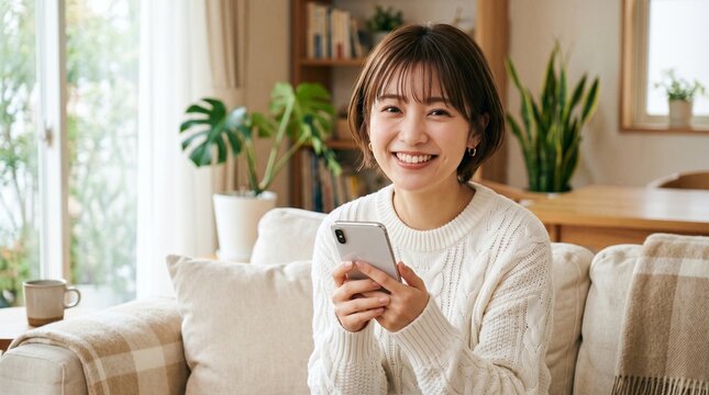 白いニットセーターを着て、ソファでくつろぎながらスマートフォンを手に微笑む茶色いショートヘアの若い女性