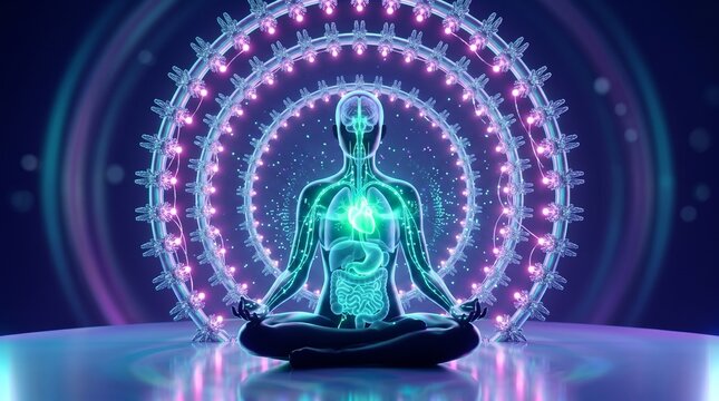 Meditation figure full body chakra system glowing green heart energy holistic healing wellness