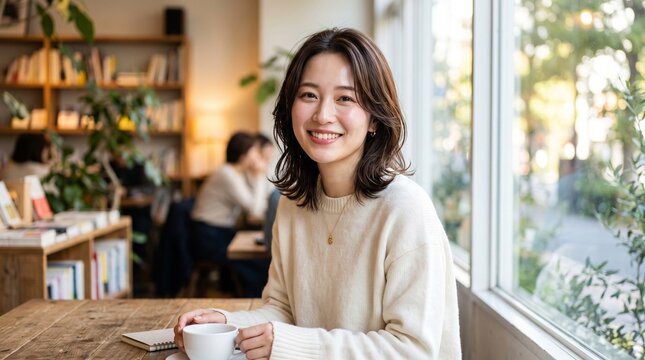 木のテーブルでコーヒーを片手に微笑む若い日本人女性