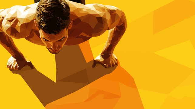 Muscular man doing push up low poly abstract background