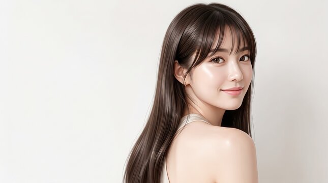 長い黒髪とつややかな肌を持つ美しい東アジア人女性が肩越しに振り返るポートレート