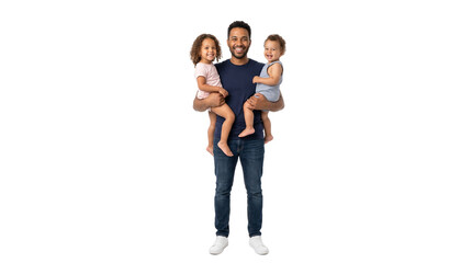 Fototapeta premium Happy Father Holding Two Young Children With Smiles on White Background