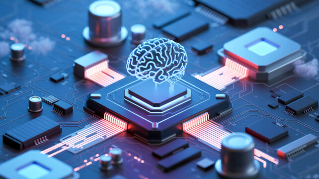 A professional business analytics and data concept on a circuit board with a brain chip and various components.