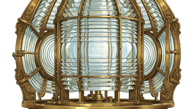 Vintage Fresnel lighthouse lens with golden brass frame