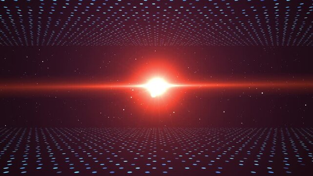 Futuristic Sci-fi Digital Corridor Background Featuring A Rotating Bright Red Lens Flare Burst In The Center Of Two Glowing Blue Hexagon Grid Planes, With Floating Dust Particles Creating A Cosmic Hig