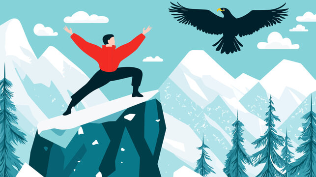 Man and eagle in snowy mountains represents achievement