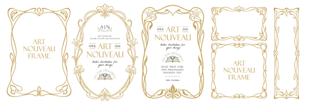 Elegant Art Nouveau frames. Vector floral geometric classic illustrations and ornaments for vignettes, wedding invitation, certificate, poster and border on transparent background