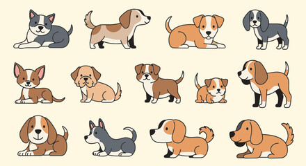 Fototapeta premium Set of thirteen cute cartoon dog vector illustrations including various breeds like beagles, chihuahuas, and terriers in different poses on a plain cream background.
