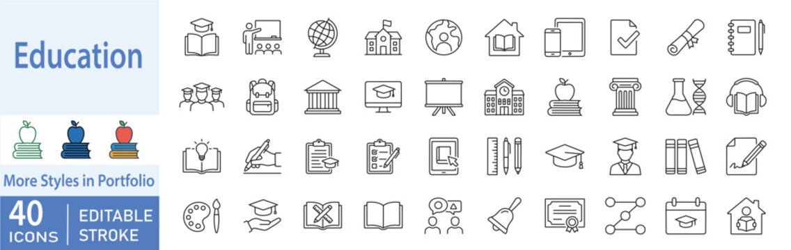 Education and online learning line icons, school university building, graduation cap diploma, study science book, and e-learning student knowledge. editable stroke vector set.
