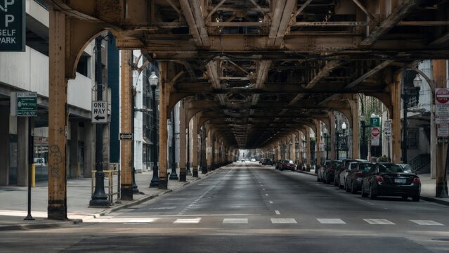 Empty city street under elevated train tracks and bridge structure.