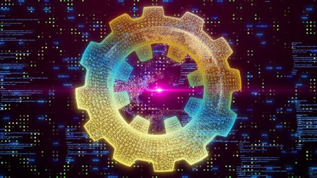Glowing Digital Gears Rotating In A Dark Cyber Space Filled With Computer Code And Binary Data. This 3d Wireframe Motion Graphic Represents Artificial Intelligence, Software Automation, And Advanced I