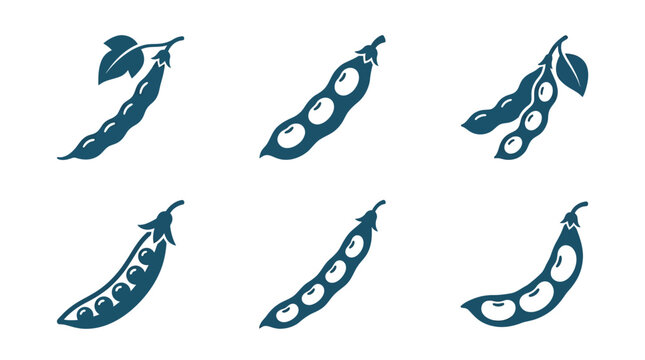 Flat vector icon set featuring six bean pods: green bean pod, fava bean pod, soybean pod, pea pod, black bean pod, lima bean pod, monochrome solid color, minimalist geometric design, detailed botanica