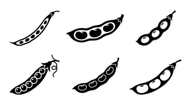 Flat vector icon set featuring six bean pods: green bean pod, fava bean pod, soybean pod, pea pod, black bean pod, lima bean pod, monochrome solid color, minimalist geometric design, detailed botanica