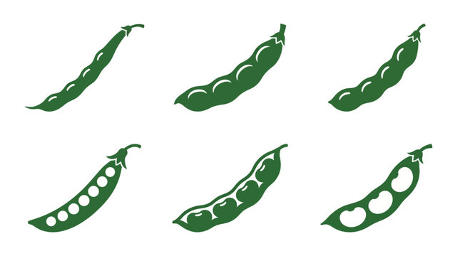 Flat vector icon set featuring six bean pods: green bean pod, fava bean pod, soybean pod, pea pod, black bean pod, lima bean pod, monochrome solid color, minimalist geometric design, detailed botanica