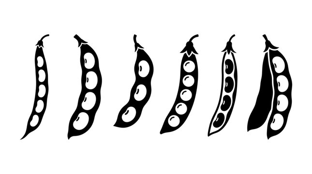Flat vector icon set featuring six bean pods: green bean pod, fava bean pod, soybean pod, pea pod, black bean pod, lima bean pod, monochrome solid color, minimalist geometric design, detailed botanica