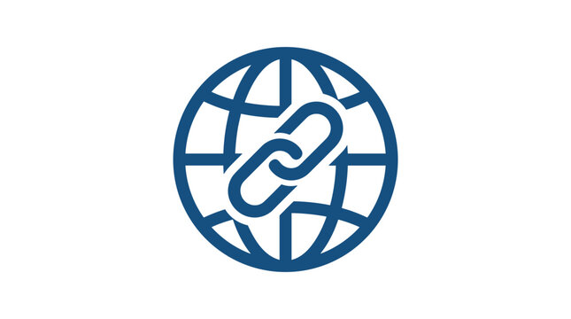 Global connection icon with a chain link symbol representing internet connectivity and worldwide network links
