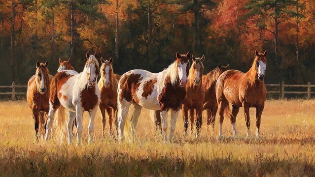 Horse breeding farm with herd in autumn pasture