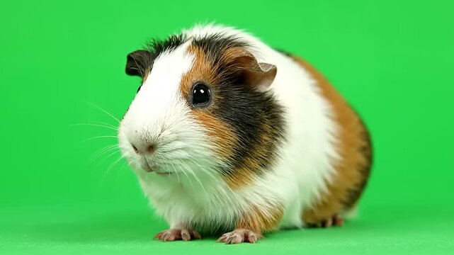Adorable tricolor guinea pig looking at camera on bright green screen background for 1080p 4k high quality stock footage animal portrait