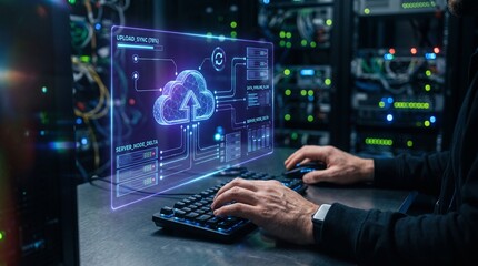 Fototapeta premium IT Specialist Typing on Keyboard Interacting with Cloud Computing Hologram in Server Room Setting