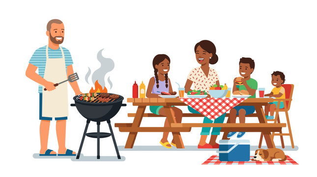 Happy family enjoying a summer barbecue picnic with dad grilling food and kids eating at a picnic table with a dog sleeping nearby