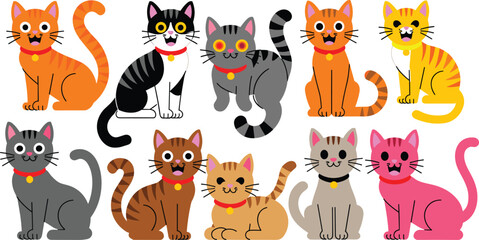 Cat characters flat vector illustration set. Nine cheerful domestic kittens with colorful collars sit happily together to create an adorable feline pack. © HELEN QUEEN