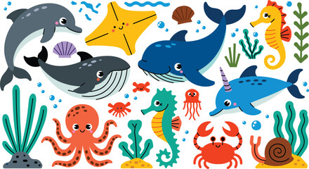 Sea creatures flat vector illustration pack. Whale, dolphin, narwhal, octopus, seahorse, crab, starfish and vibrant coral create an adorable underwater marine collection. © HELEN QUEEN