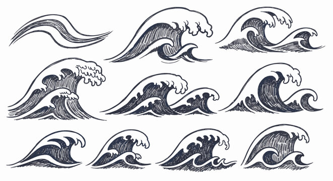 Hand-drawn collection of ocean waves and sea surf illustrations in navy blue ink. Various wave shapes with curling crests and foam featuring woodcut and engraving style cross-hatching.