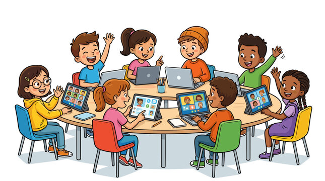 Diverse group of children engaged in online learning and video conferencing around a table
