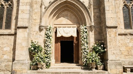 Historic Church Entrance Decorated with White Lilies for Assumption of Mary
