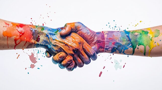 Two People Shaking Hands Covered in Vibrant Colorful Paint Against a Clean White Background