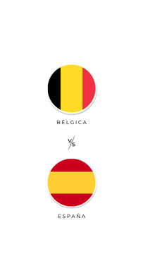 Banner de partido de f&uacute;tbol B&eacute;lgica vs Espa&ntilde;a con banderas nacionales circulares, dise&ntilde;o minimalista para torneo internacional, campeonato deportivo, competencia entre selecciones y fondo para evento 