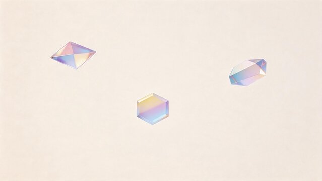 Three iridescent geometric shapes on beige background