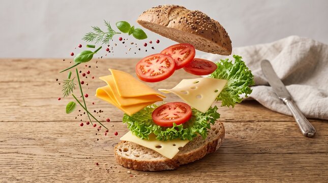 Floating Sandwich Ingredients Above Wooden Table in a Dynamic Culinary Composition Style